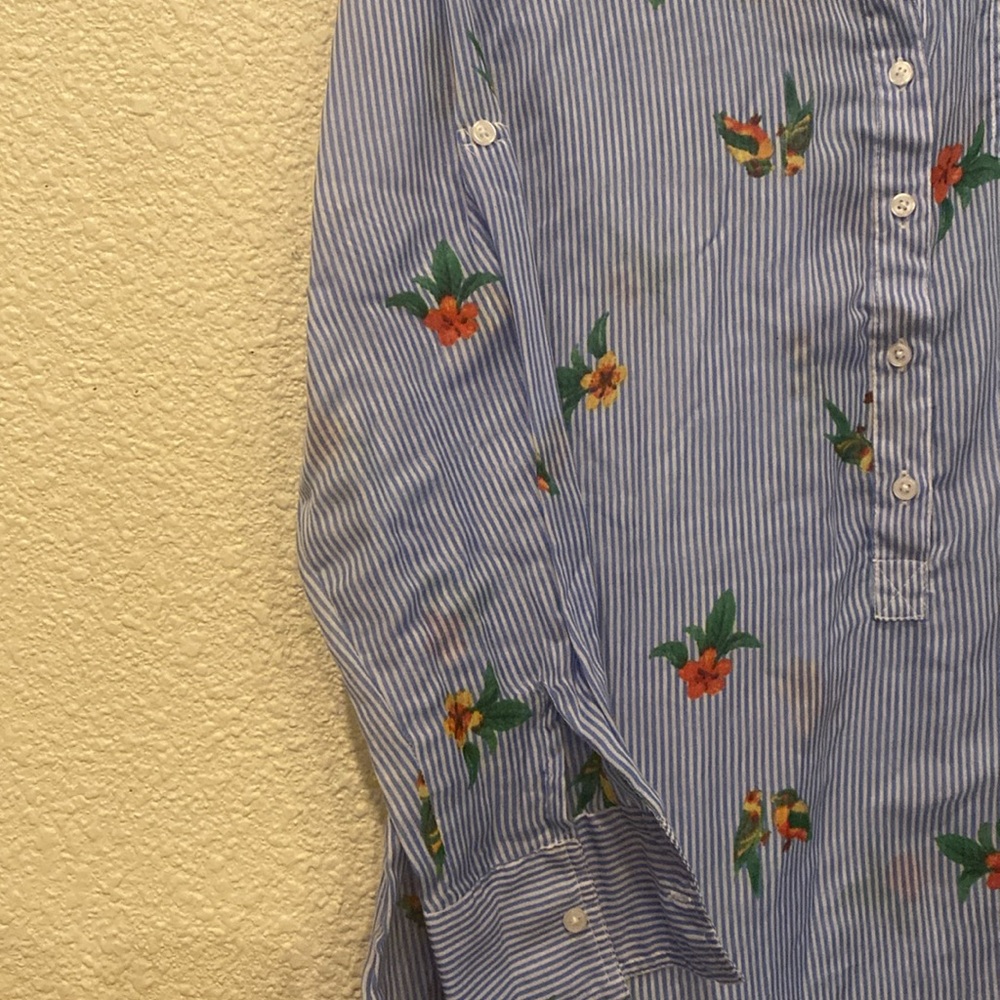 EUC over size shirt/ swimsuit cover up. Blue white stripes with parrots, medium. - Picture 3 of 5